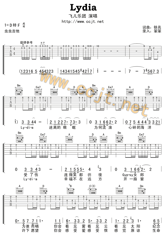 飞儿乐团《lydia》吉他谱
